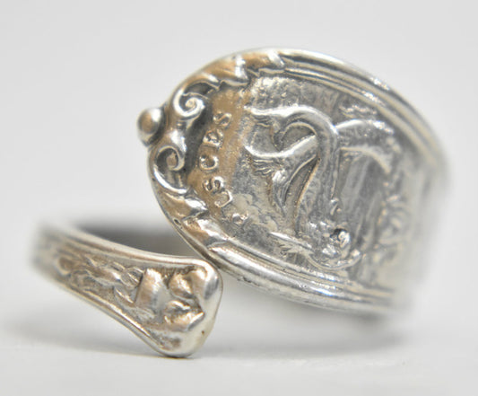 Pisces spoon ring fish February birthday sterling silver Size 7.75