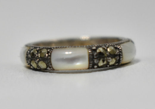 MOP Ring Mother of Pearl Stacker Band Marcasites Size 5.5