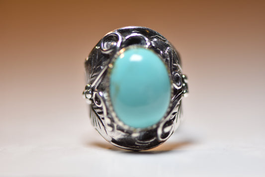 Turquoise ring Navajo leaves feathers southwest women sterling silver
