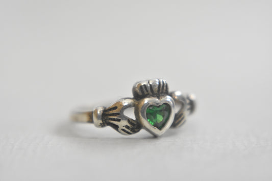 Claddagh ring size 2 or Size 4 green CZ Celtic pinky band sterling silver girls women
