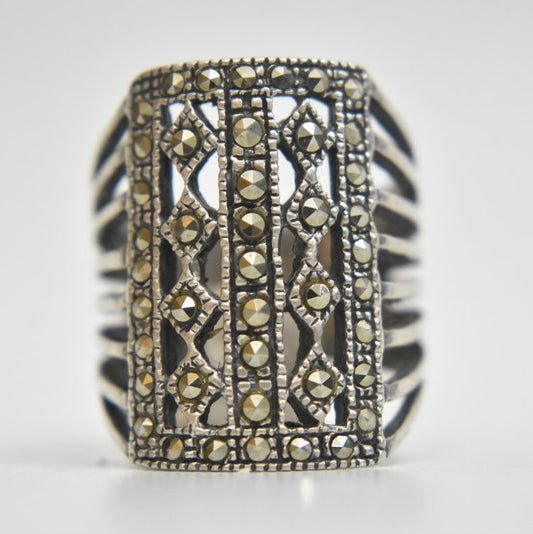 Long Marcasite Ring Art Deco Sterling Silver Knuckle Size 6.75