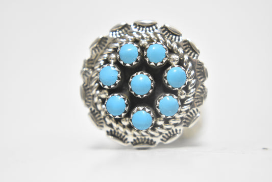 Zuni Ring Turquoise Flower Petite Pointe Sterling Silver Size 7