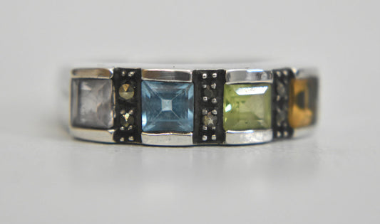 Crystal ring blue yellow green and clear band cocktail sterling silver Marcasites Size 7.50