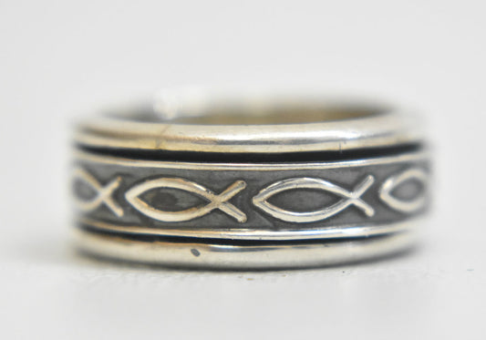 Fish spinner ring Christian religious sterling silver band Mexico size 6.5