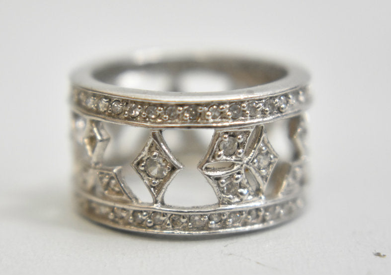 Crystal ring or wide band boho cocktail pinky sterling silver Size 5.50