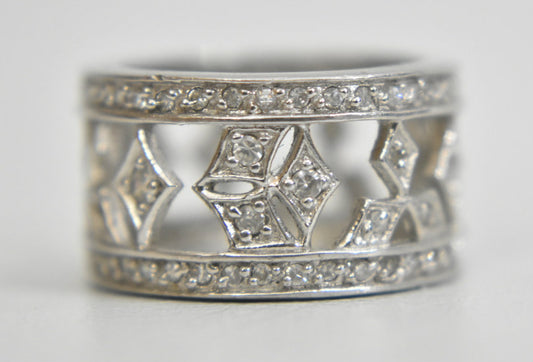 Crystal ring or wide band boho cocktail pinky sterling silver Size 5.50