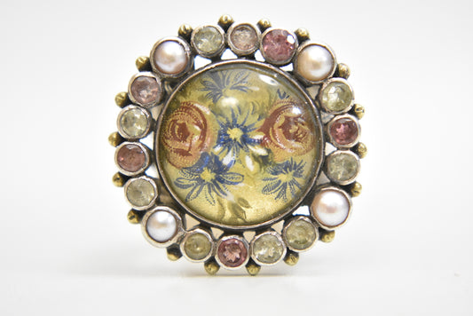 Round floral glass dome Ring pearls Sterling Silver size 9.50