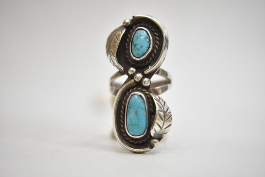 Long Turquoise ring Navajo sterling silver women Size 5.25