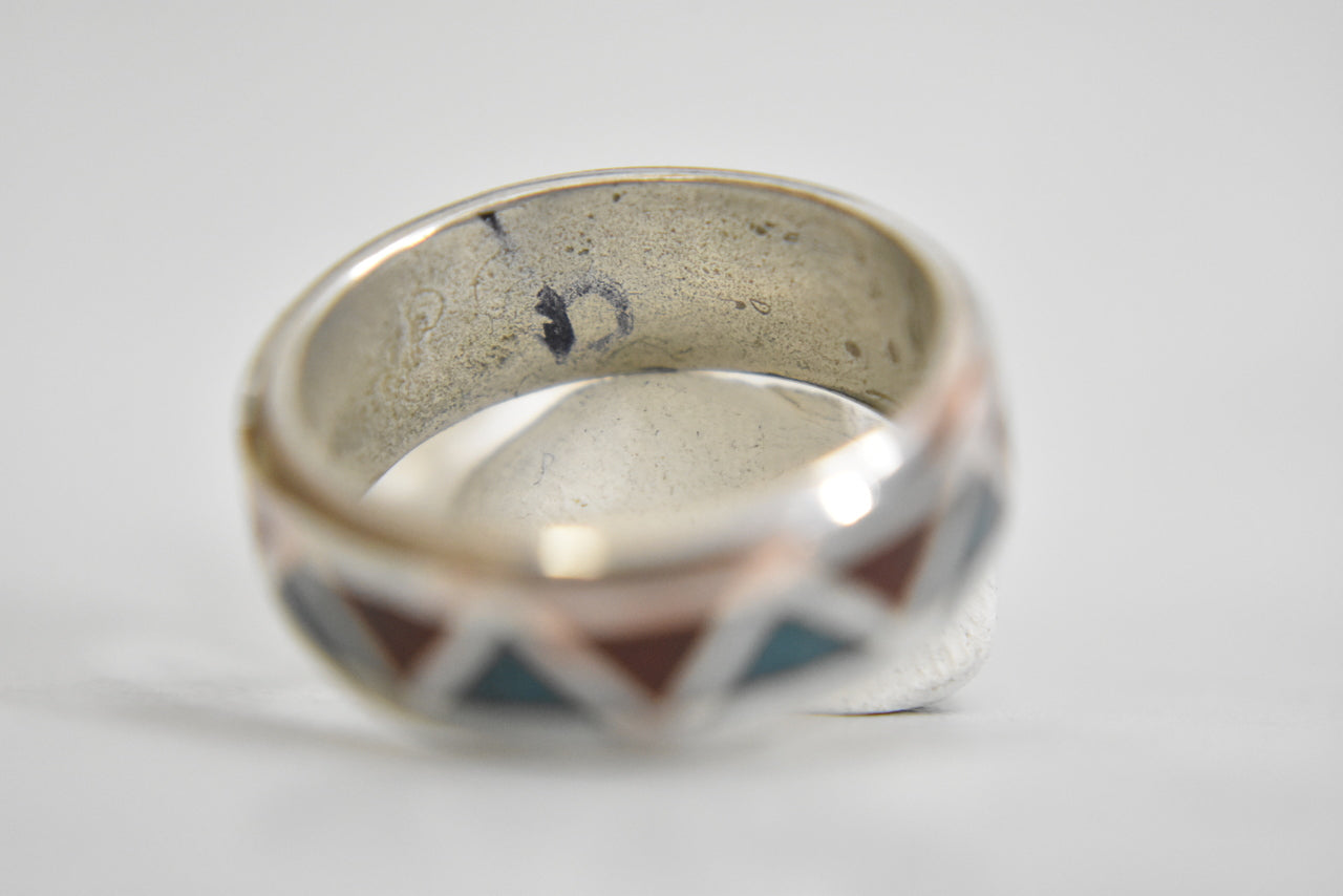 Turquoise chips ring wedding band coral Zuni men women boho sterling silver Size 9