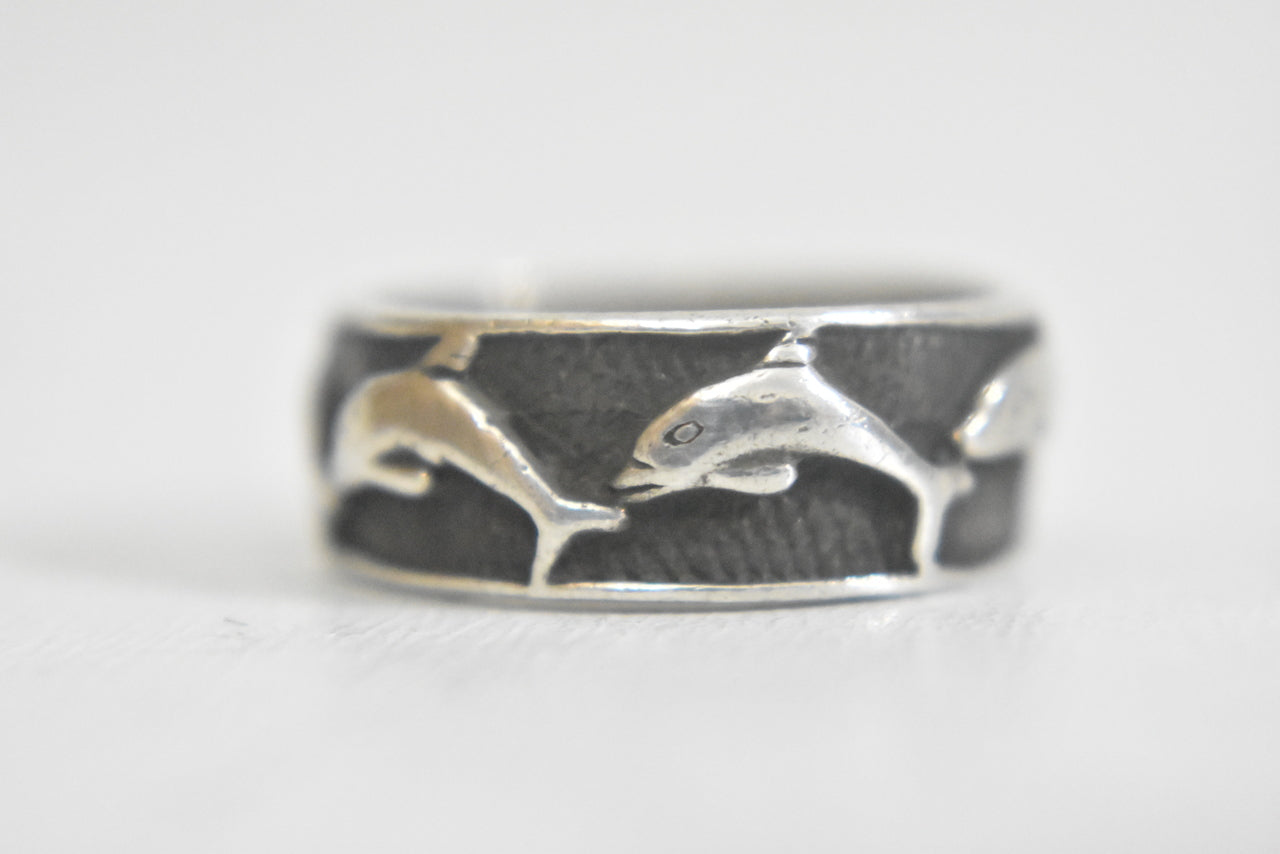 Dolphin ring surfer pinky band sterling silver women men Size 7.50