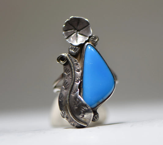 Turquoise ring long Navajo squash blossom feathers southwest sterling silver