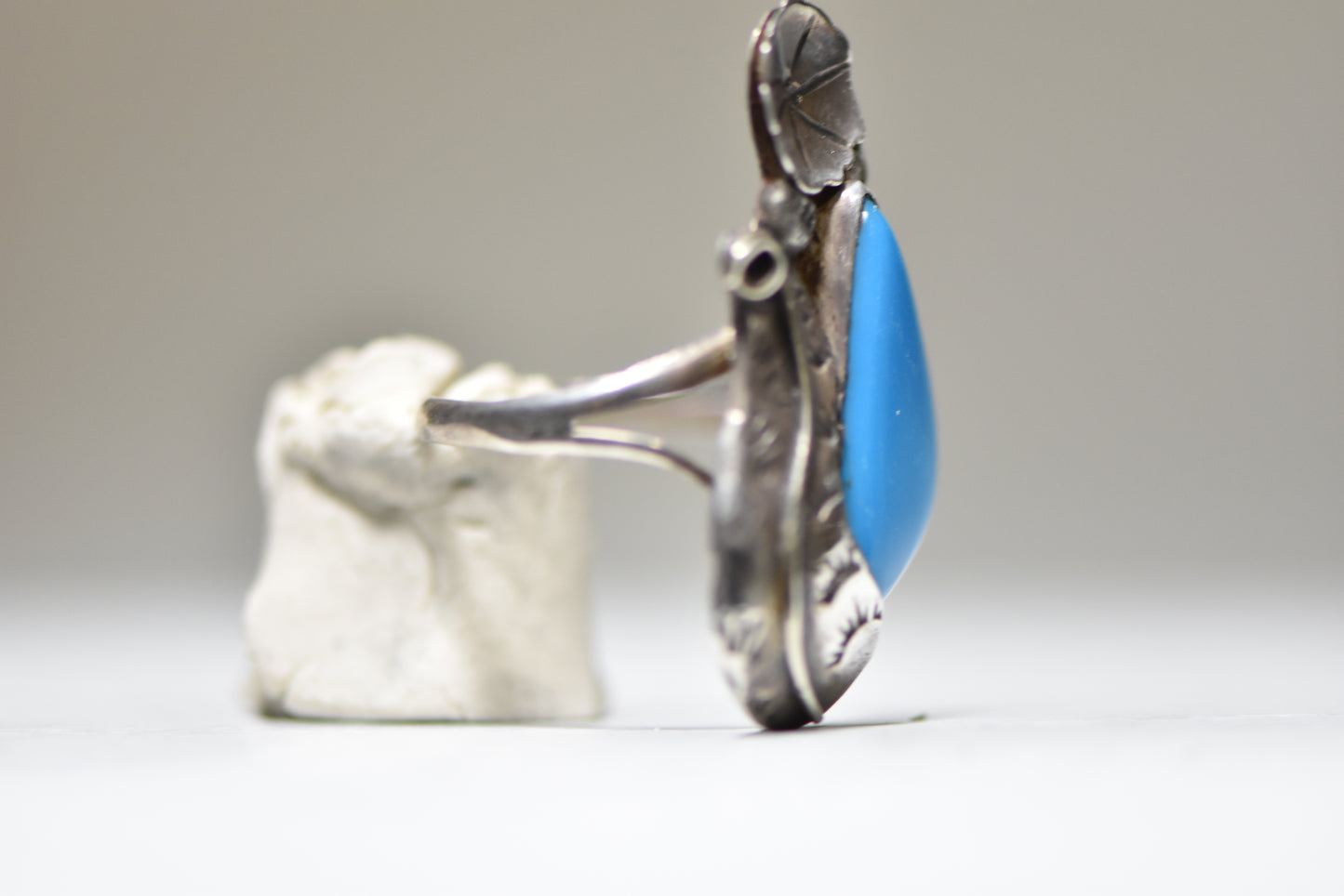 Turquoise ring long Navajo squash blossom feathers southwest sterling silver