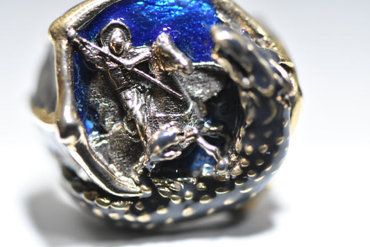 St George Slaying Dragon Ring Horse Sword sterling silver men women