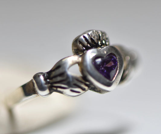 Claddagh ring Purple CZ friendship band love sterling silver girls pinky children women