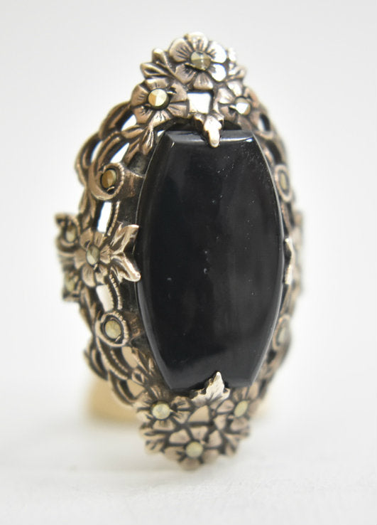 Long onyx ring Art Deco Marcasites floral sterling silver women Size 4.25