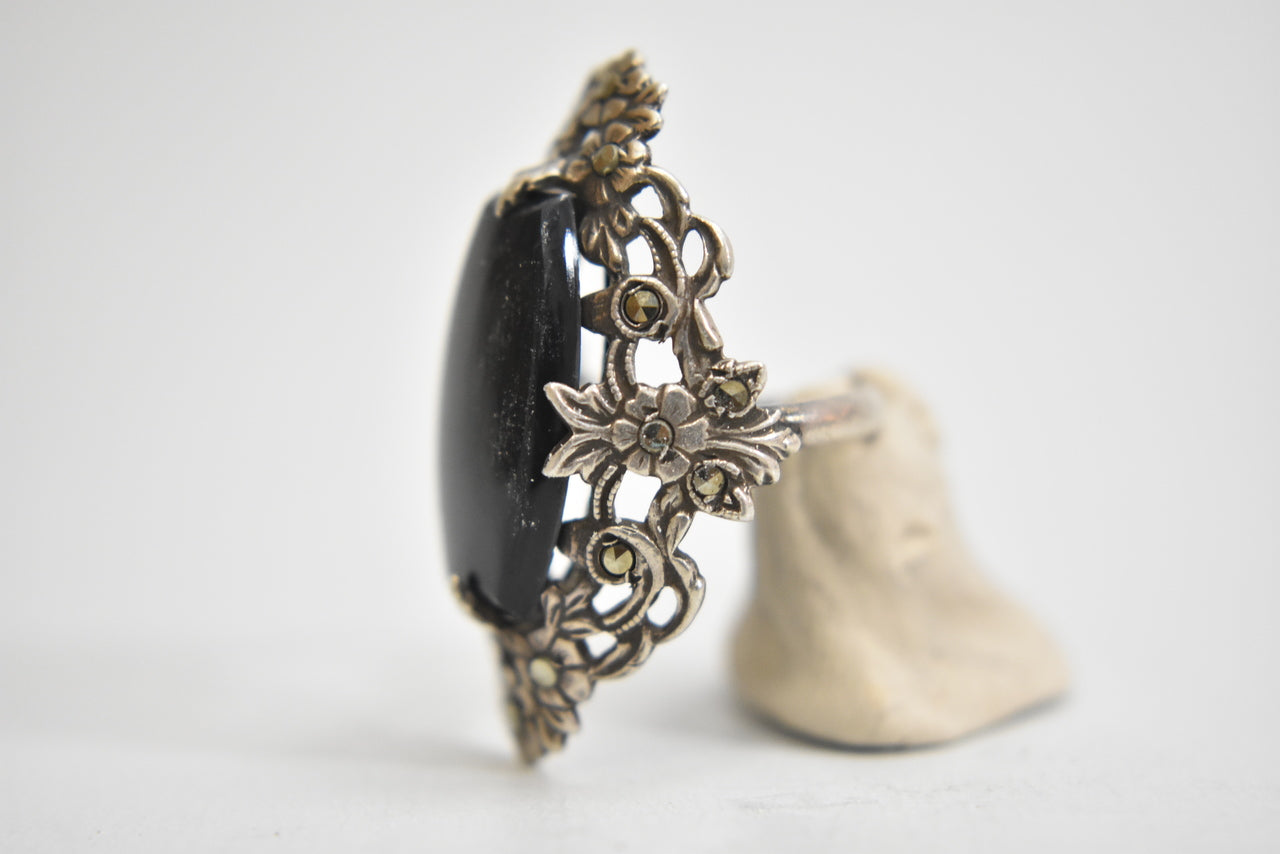 Long onyx ring Art Deco Marcasites floral sterling silver women Size 4.25