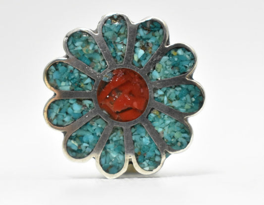 Zuni Ring Flower Turquoise Coral Chips Sterling Silver Size 6