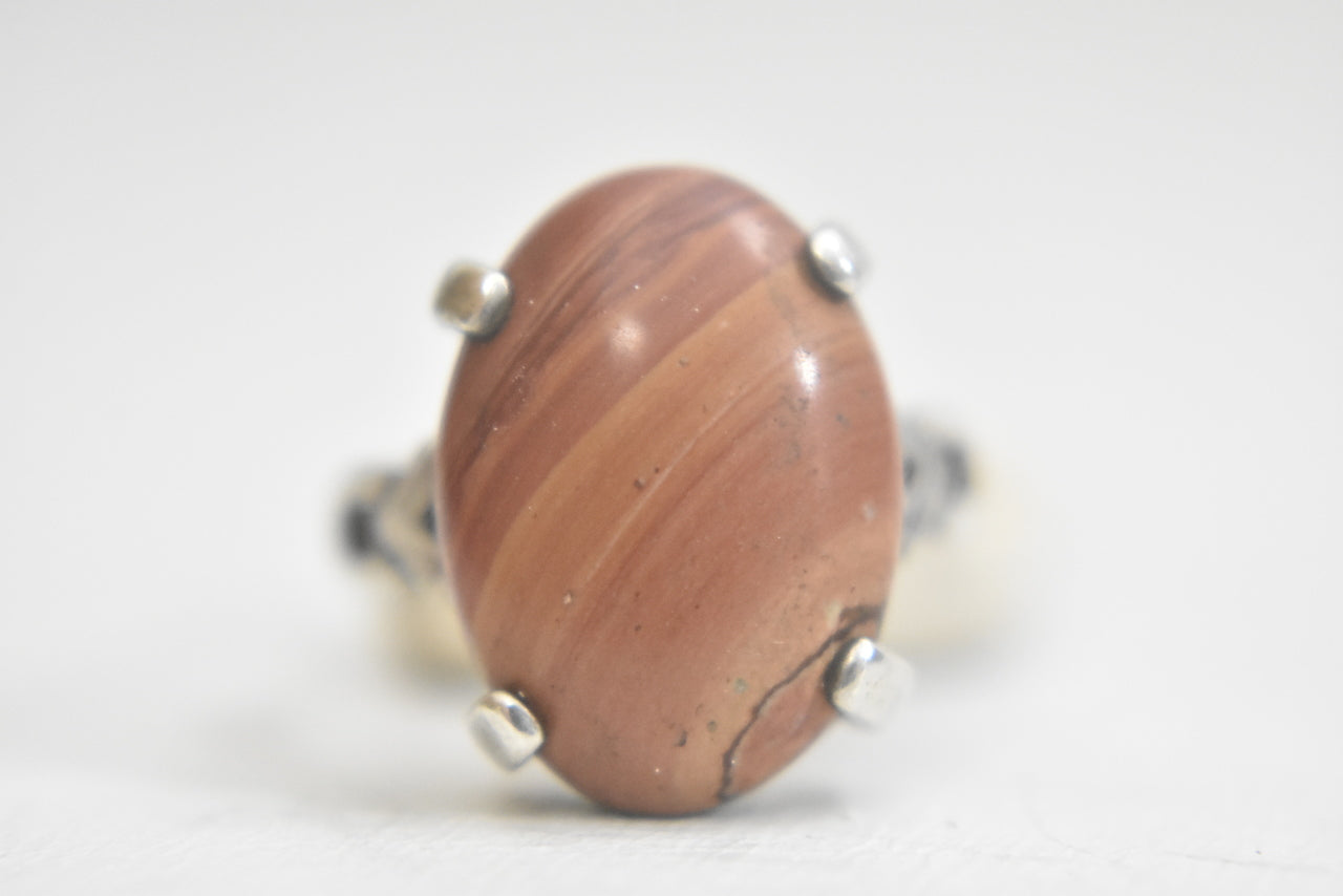 jasper ring oval gemstone earth tones sterling silver women Size 6.25