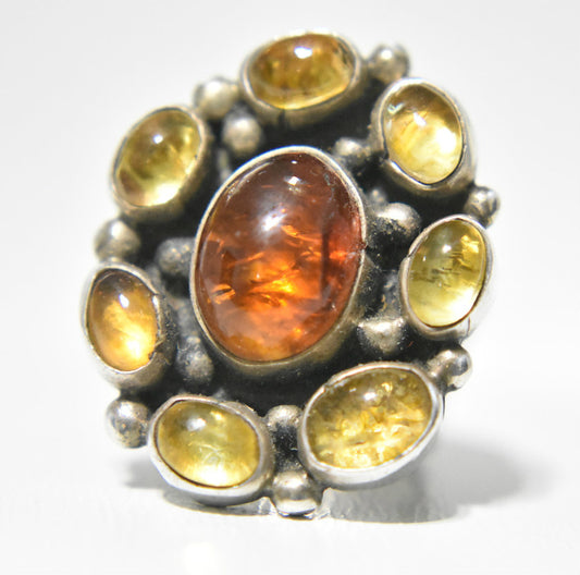 Amber Ring Vintage Sterling Silver Flower Southwest Size 9
