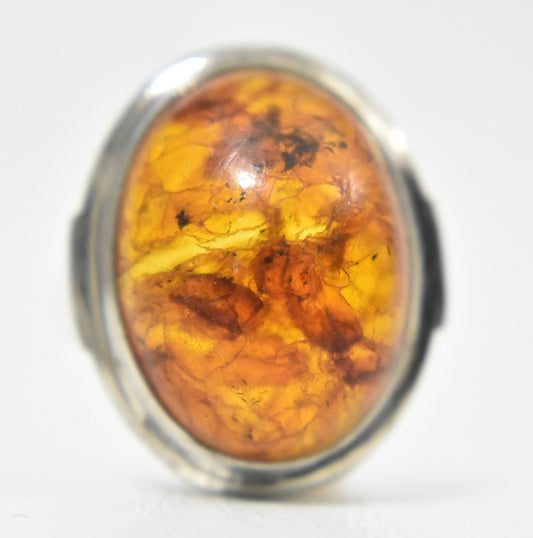 Amber Ring Vintage Sterling Silver Art Deco influences Size 8