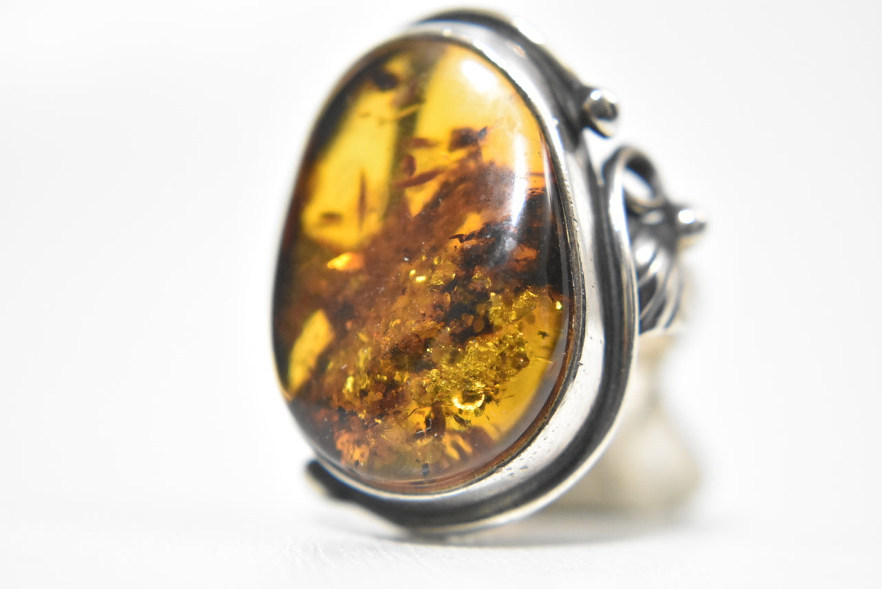 Amber Ring Vintage Sterling Silver Art Deco Size 7.75