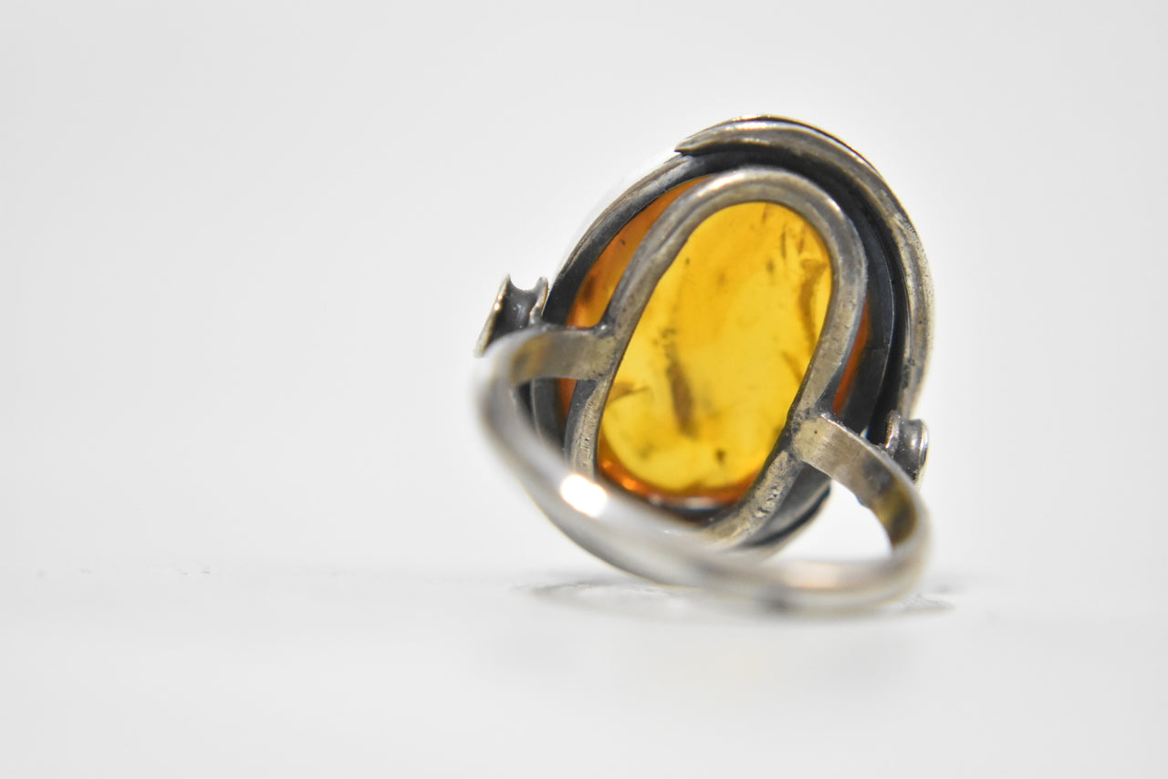 Amber Ring Vintage Art Deco Sterling Silver Ring Size 8.50