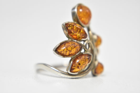 Amber Ring Vintage Sterling Silver Flower Size 6