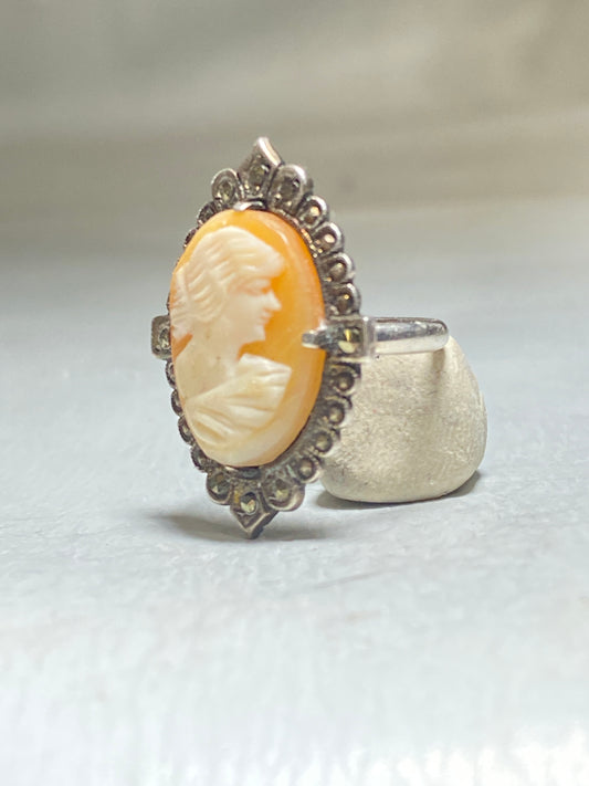 Cameo Ring size 3 Sterling Silver Victorian Pinky Lady Cameo Figurative Shell