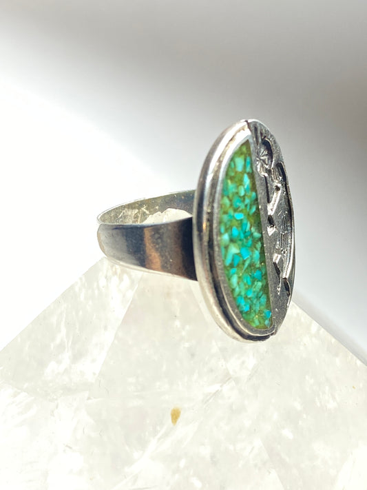 Kachina ring size 8.25 long southwest turquoise mosaic Native American Hopi sterling silver women