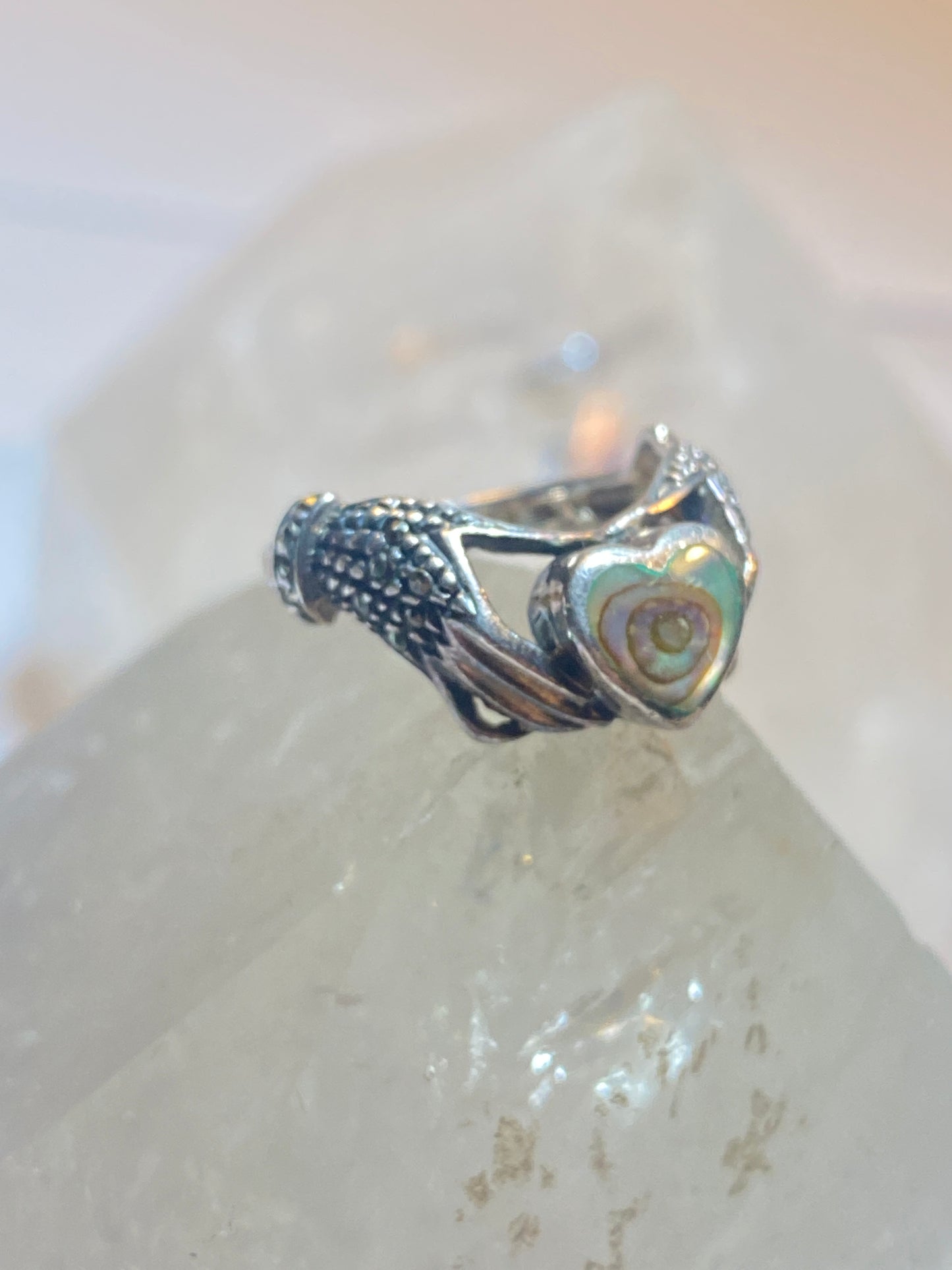 Claddagh ring size 5.50  abalone heart love marcasites Celtic pinky band love friendship sterling silver