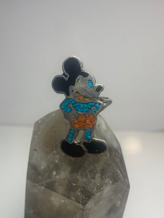 Mickey Mouse ring size 5.75 turquoise chips coral sterling silver women