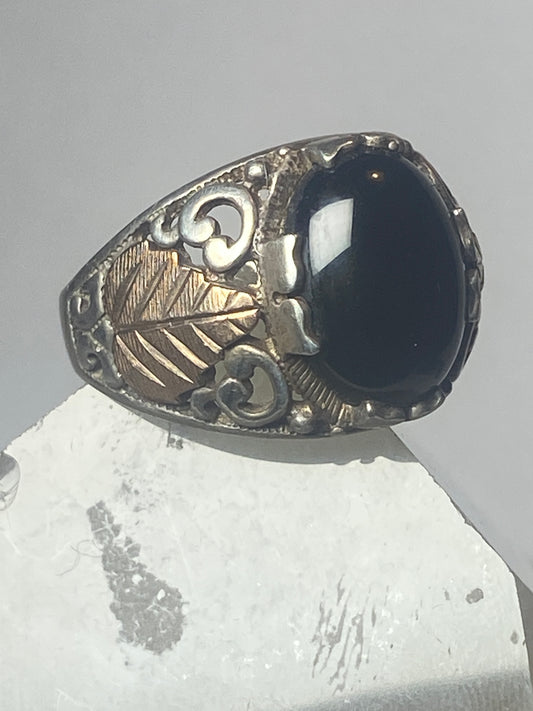 Onyx ring leaf band sterling silver women men