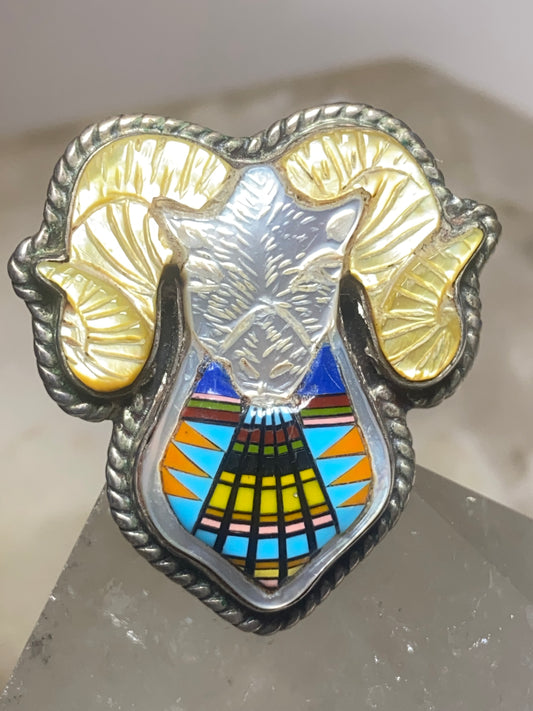 Ram ring Navajo micro inlay size 13.50 coral turquoise carved shell onyx MOP sterling silver women men