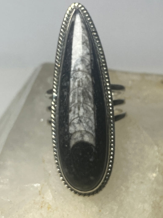 Long fossil ring sterling silver women