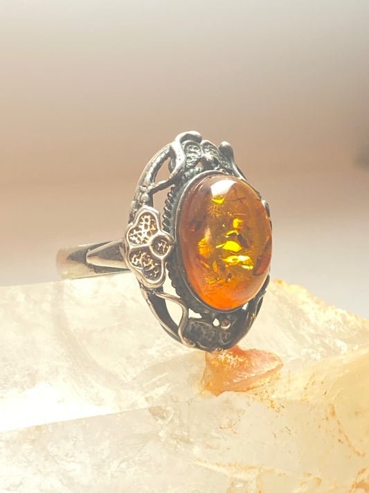 Amber ring size 8 floral Art Deco sterling silver women