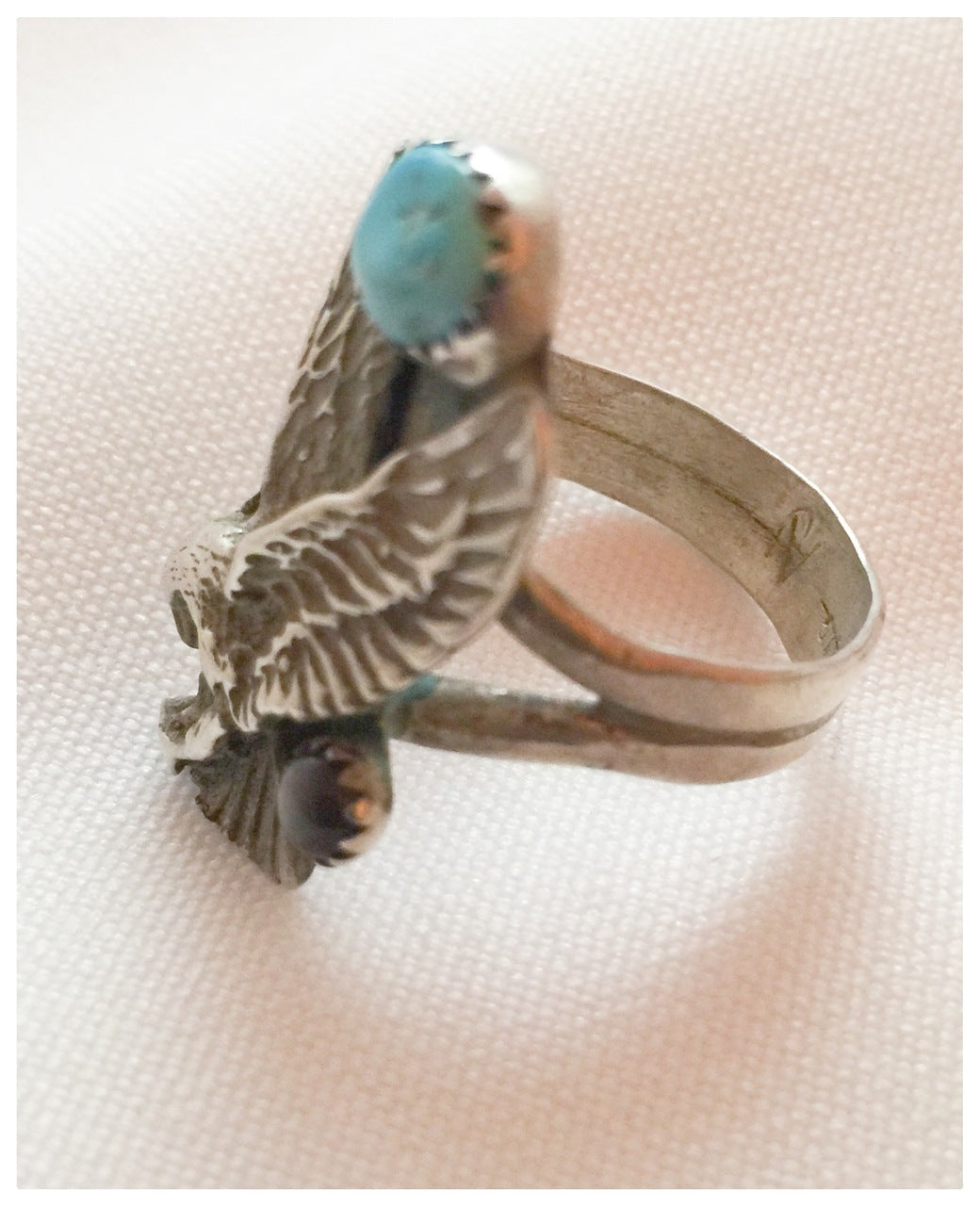 Native American Sterling Silver Dead Pawn Eagle Ring with Turquoise Size 9 1/4 Signed AJ