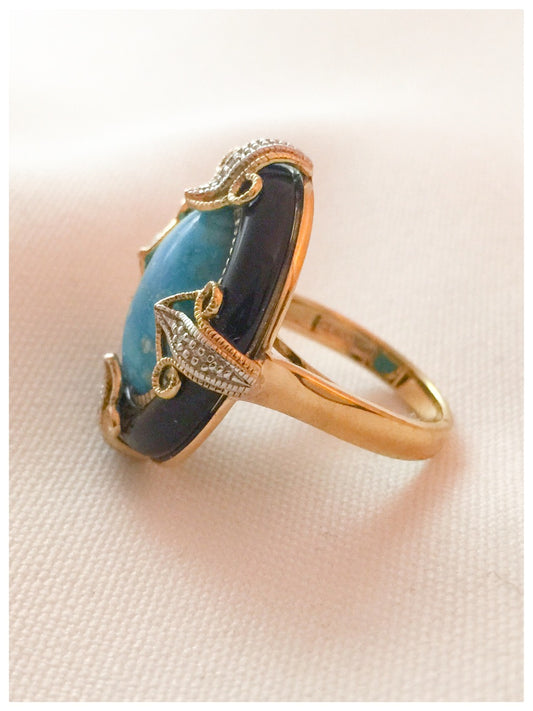 VIntage/Antique Art Deco Turquoise Ring Size 6 Detailed w Gold over Silver