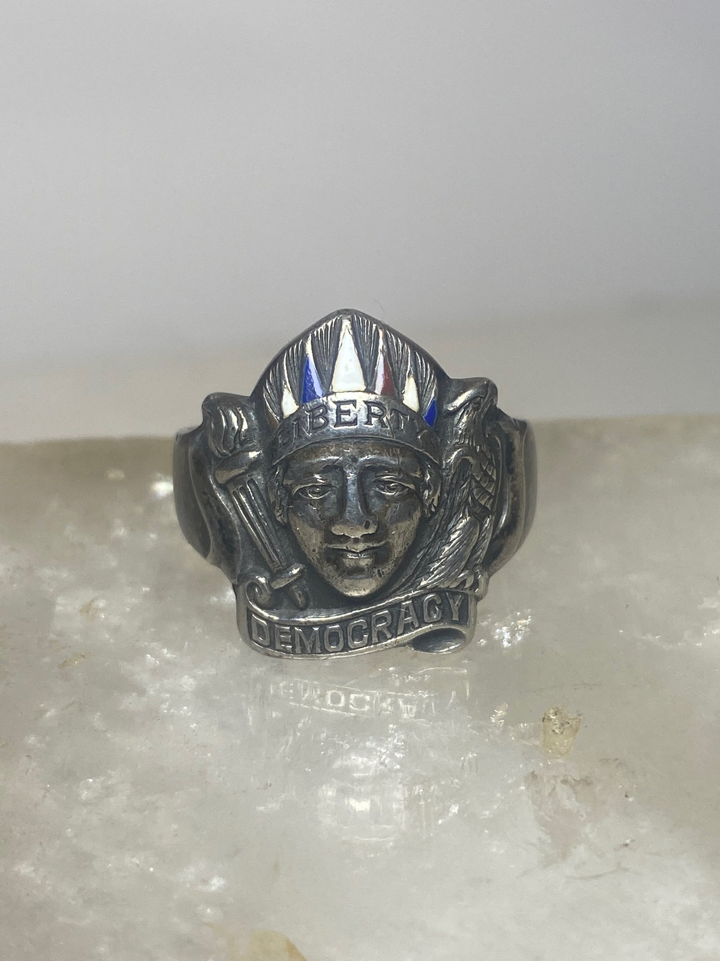 1938 Liberty Democracy Ring size 9.75 Samuel Jaffe Patent sterling silver