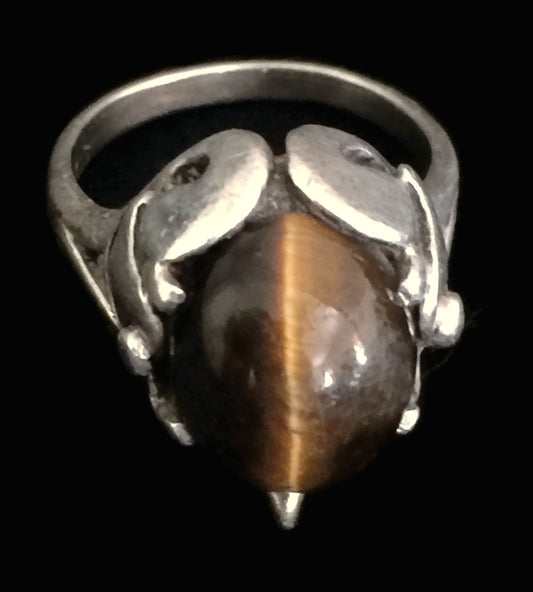 Vintage Tiger Eye Ring Art Deco Sterling Silver Size 5.25