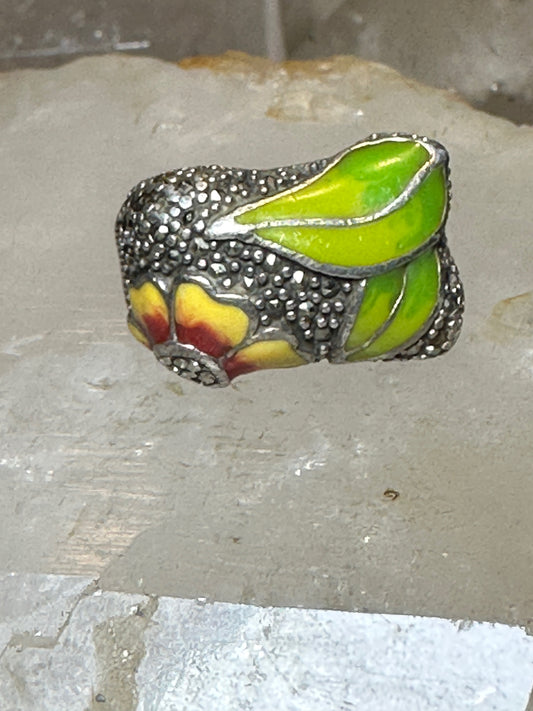 Flower ring size 8.75 floral marcasites band sterling silver women