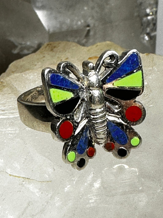 Butterfly ring southwest lapis onyx coral size 8 sterling silver women