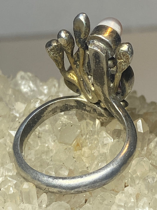 Pearl ring floral boho sterling silver