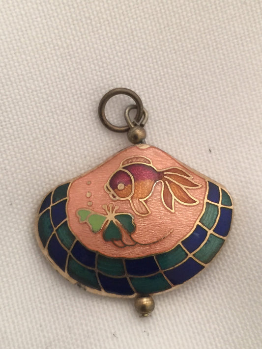 Koi Fish Fan Shaped Cloisonne Pendant Double Sided
