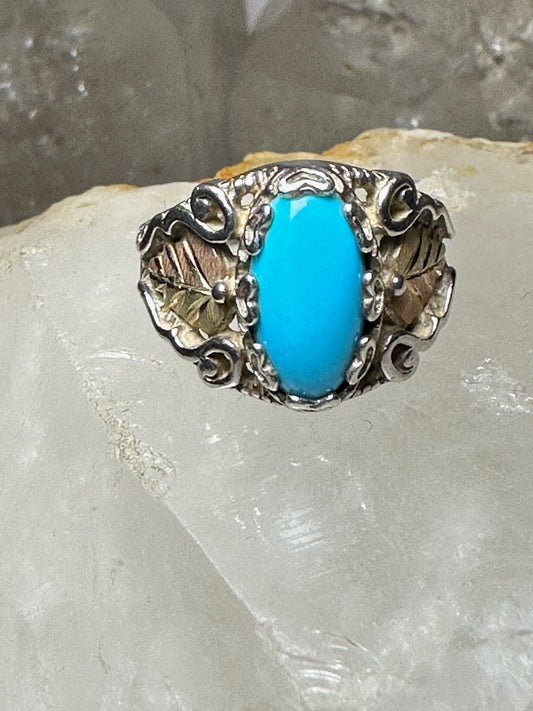 Black Hills Gold ring size 6.75 turquoise leaves band sterling silver women