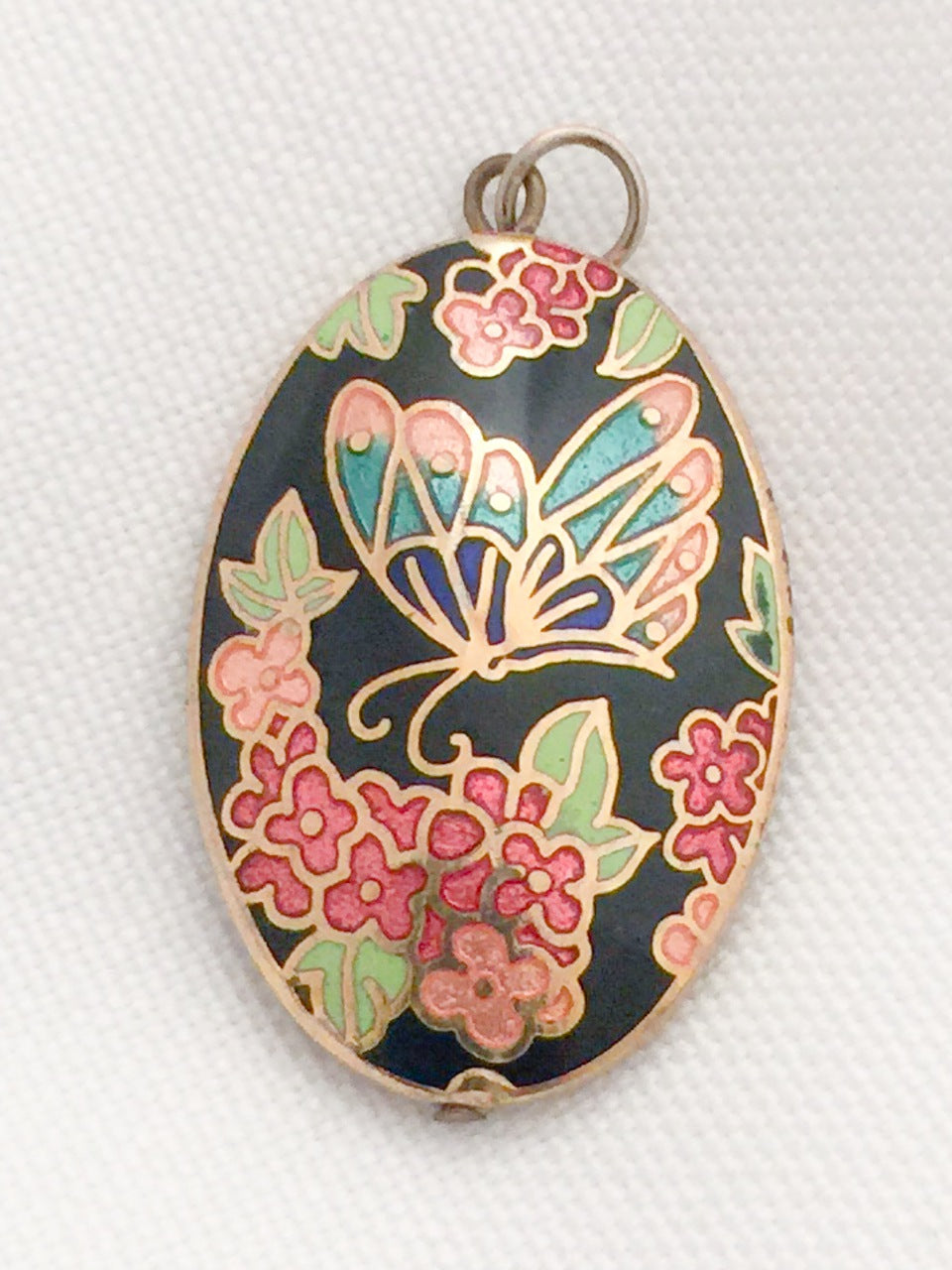 Butterfly Flowers Cloisonne Pendant  Vintage Double Sided