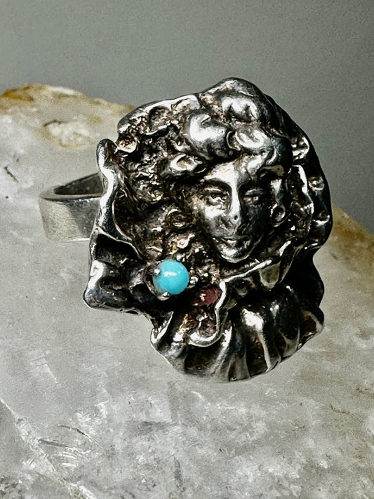 Face ring size 7 turquoise sterling silver Art Deco style Boho women
