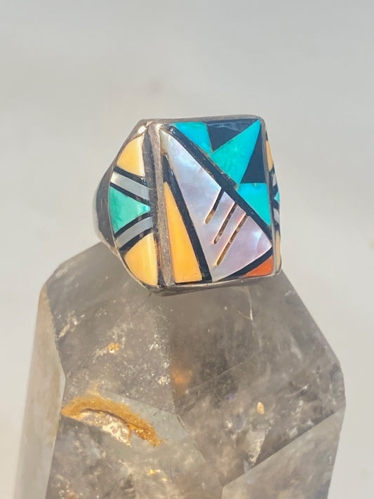 Zuni ring turquoise coral mop inlay sterling silver women men