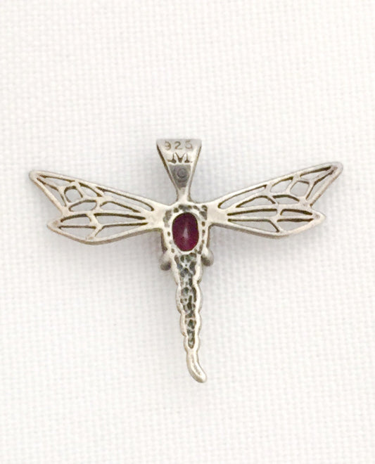 Dragonfly Pendant w Garnet Art Deco Sterling Silver Vintage
