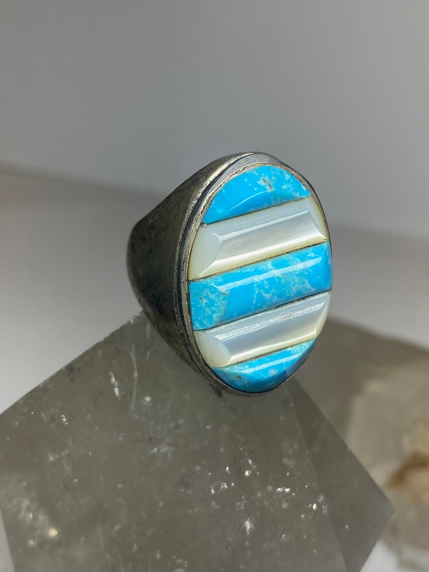 Turquoise ring mother of pearl cobblestone southwest sterling silver women men