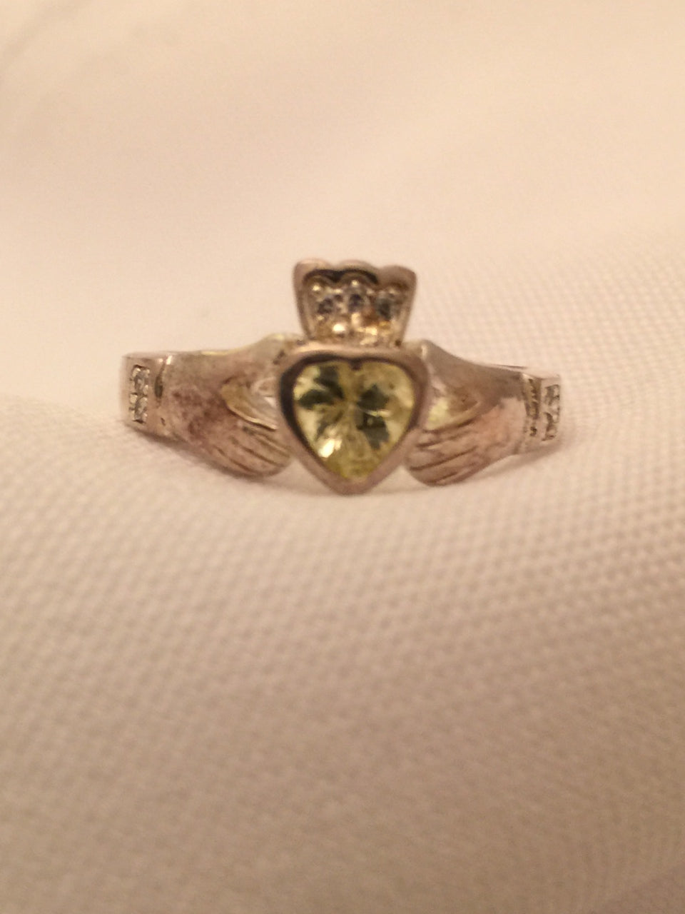 Vintage Claddagh Sterling Silver Ring with Pale Green Stone Size 5.75